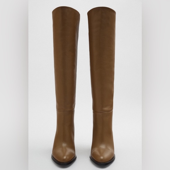 Zara Brown Heeled Knee High Leather Boots - Picture 13 of 17